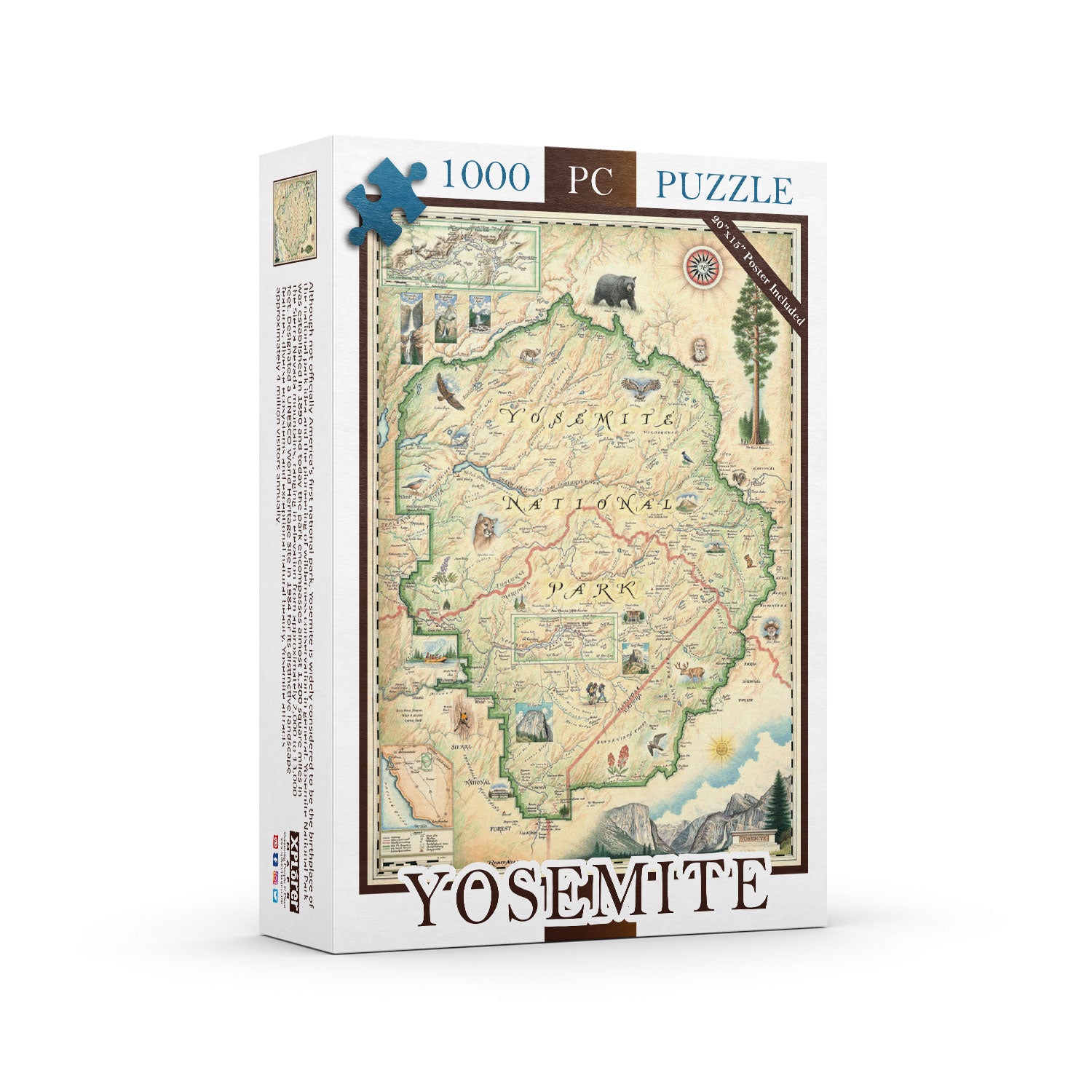 Yosemite National Park Map Jigsaw Puzzle by Xplorer Maps. features illustrations of places such as Vernall falls, El Capitan, and Half Dome. Flora and fauna include mule deer, Indian paintbrush, grey owl, and coyote. Other illustrations include John Muir, mountain climbing, hiking, and Ansel Adams.
