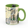 Green 16 oz Yosemite National Park Ceramic Mug. The map features illustrations of places such as Vernall Falls, El Capitan, and Half Dome. Flora and fauna include black bear and cubs, mule deer, Indian paintbrush, grey owl, and coyote. Other illustrations include John Muir, mountain climbing, hiking, and Ansel Adams.