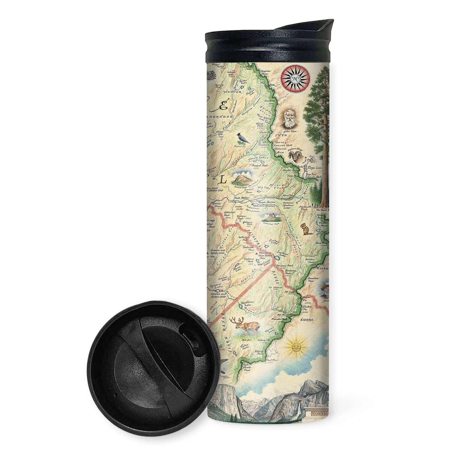 Yosemite National Park Map 16 oz Travel Drinkware. The map features illustrations of places such as Vernall Falls, El Capitan, and Half Dome. Flora and fauna include mule deer, Indian paintbrush, grey owl, coyote, and a black bear with her cubs. Other illustrations include John Muir, mountain climbing, hiking, and Ansel Adams.