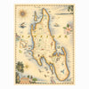 Africa's Zanzibar hand-drawn map in earth tones. The map features illustrations of flora and fauna such as cloves, coral reef, and whale. Measures 18x24.