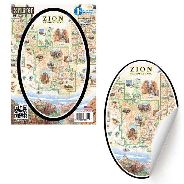 Zion National Park Map Sticker by Xplorer Maps. The map features illustrations of Angels Landing, Weeping Rock, The Narrows, and Kolob Canyon. Flora and fauna include Mojave desert tortoise, western columbine, and desert marigold. 