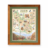 Zion National Park hand-drawn map in earth tones blues and greens. The map print is framed in reclaimed Montana Flathead Lake Larch with a green mat.