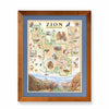 Zion National Park hand-drawn map in earth tones blues and greens. The map print is framed in reclaimed Montana Flathead Lake Larch with a blue mat. 