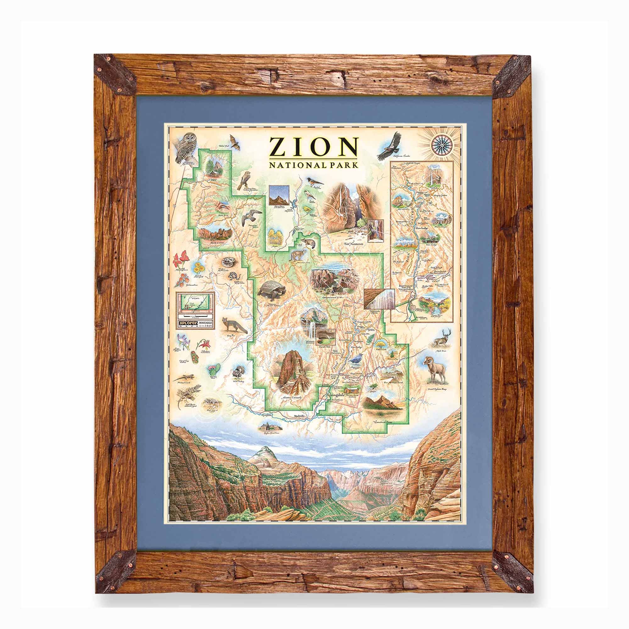 Zion National Park hand-drawn map in earth tones blues and greens. The map print is framed in Montana hand-scraped pine with a blue mat.