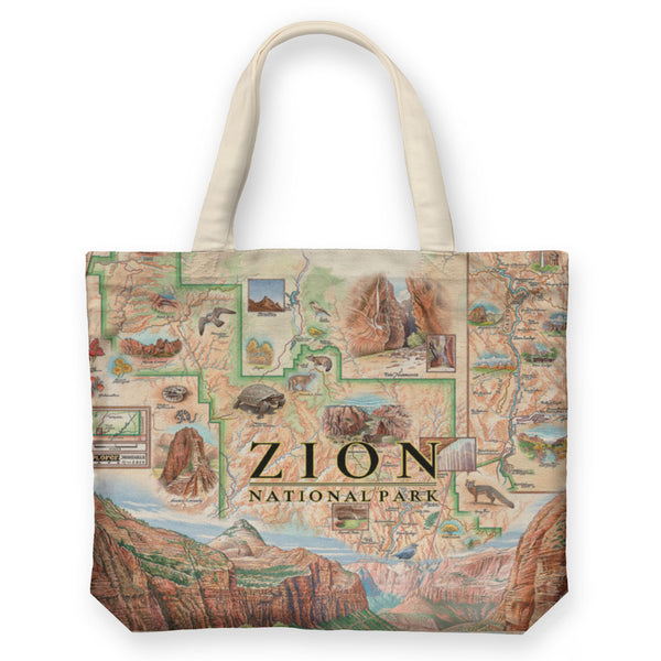 Zion National Park Map Canvas Tote Bags by Xplorer Maps. The map features illustrations of Angels Landing, Weeping Rock, The Narrows, and Kolob Canyon. Flora and fauna include Mojave desert tortoise, western columbine, and desert marigold. 