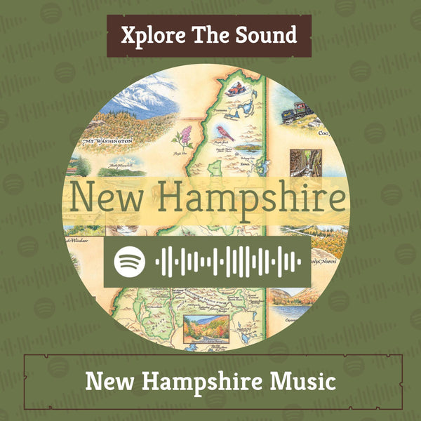 Xplorer Maps Blog - Xplore The Sound: New Hampshire- New Hampshire Playlist with Spotify code over hand-drawn map of New Hampshire.