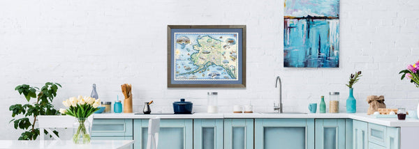 Light and fresh kitchen with the Alaska framed map art by Chris Robitaille.