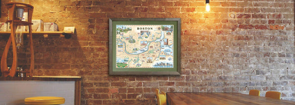 Boston framed map hanging over a kitchen table on a brick wall. 
