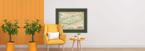 Bright yellow chair with side table displaying the Great Smoky Mountains National Park framed map art by Chris Robitaille.