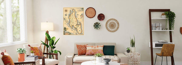 Bohemian Wood craft furniture with the Zanzibar framed map art by Chris Robitaille.