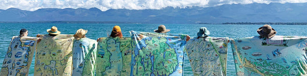 Xplorer Maps Fleece Blanket Collection. Featuring travel destinations like Yellowstone National Park, Lake Tahoe, Flathead Lake, Montana, Acadia National Park, Glacier National Park, and Florida's Sanibel and Captiva Islands. 