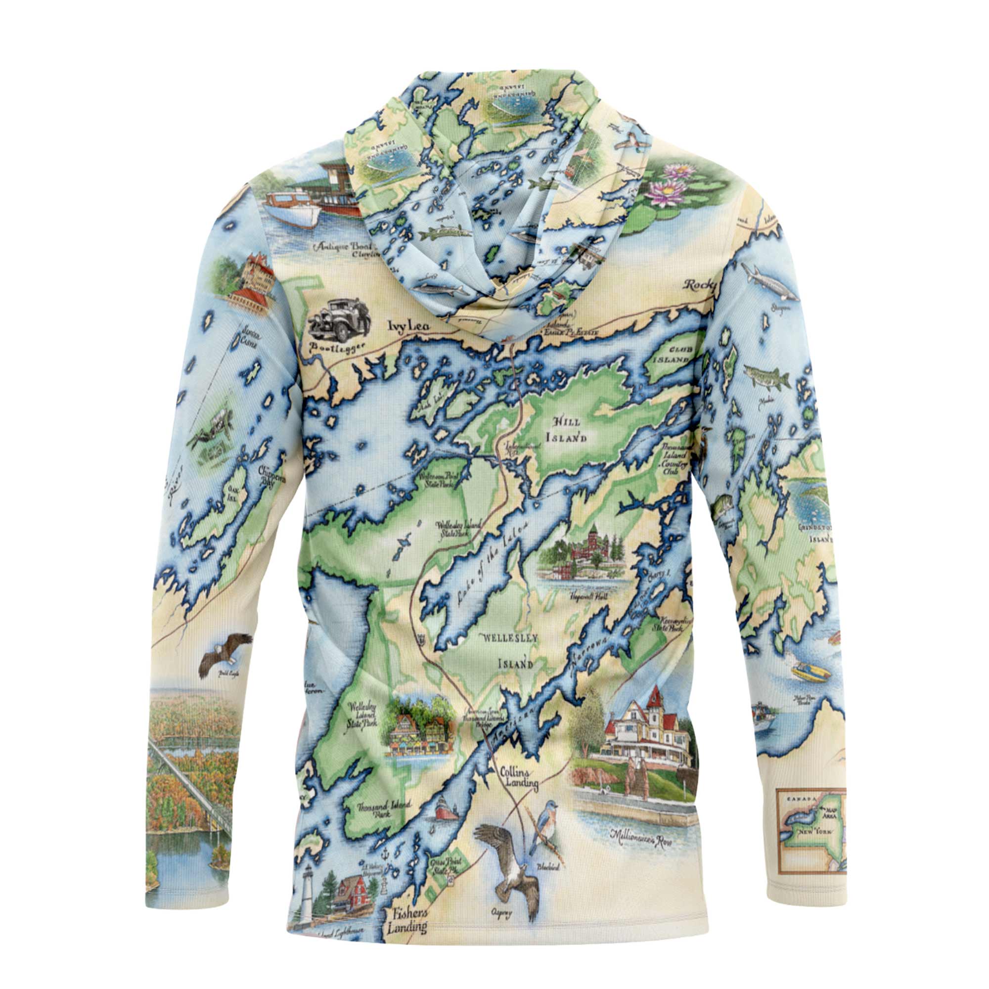 Hoodie with a detailed map design on a white background