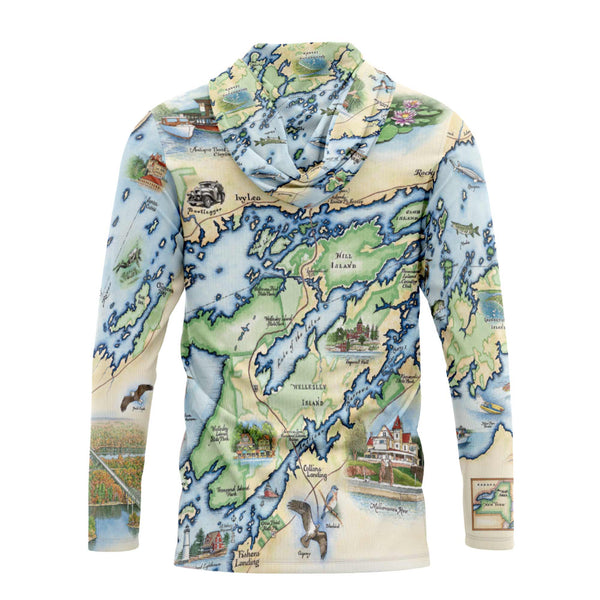Hoodie with a detailed map design on a white background