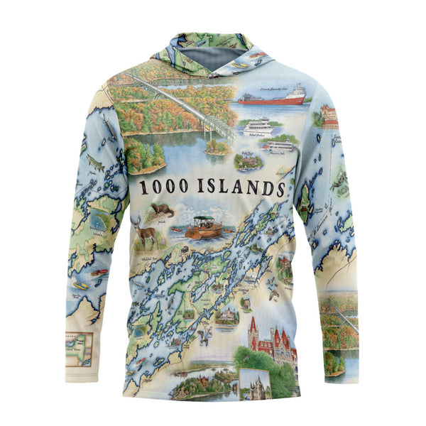 Hoodie with a map design of the 1000 Islands on a white background