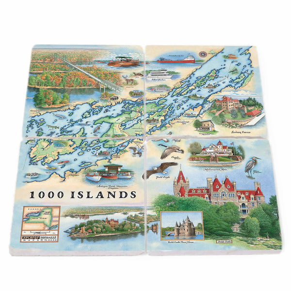 Natural stone coasters made from Boccini Marble imported directly from Turkey, featuring the Thousand Islands map with intricate details of the archipelago and surrounding area.