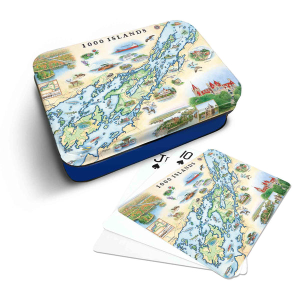 1000 Islands Map Playing cards that features iconic attractions, flora and fauna that area - Blue Metal Tin