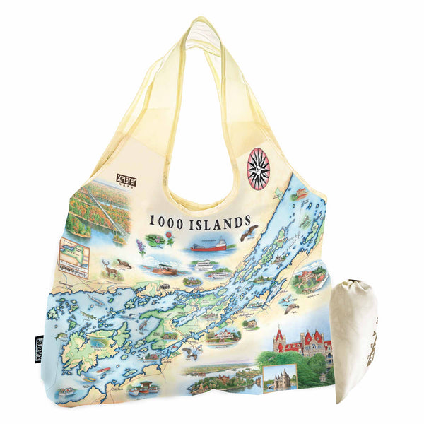 1000 Islands National Park Map Pouch Tote Bag by Xplorer Maps. Map features Bolt Castle and Singer Castle as well as flora a fauna such as blue herons, whitetail deer, and mink.