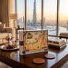 A 1000-piece jigsaw puzzle box titled 'United Arab Emirates' is displayed on a dark wooden coffee table in a luxury living room setting. The box features an antique-style map illustration.