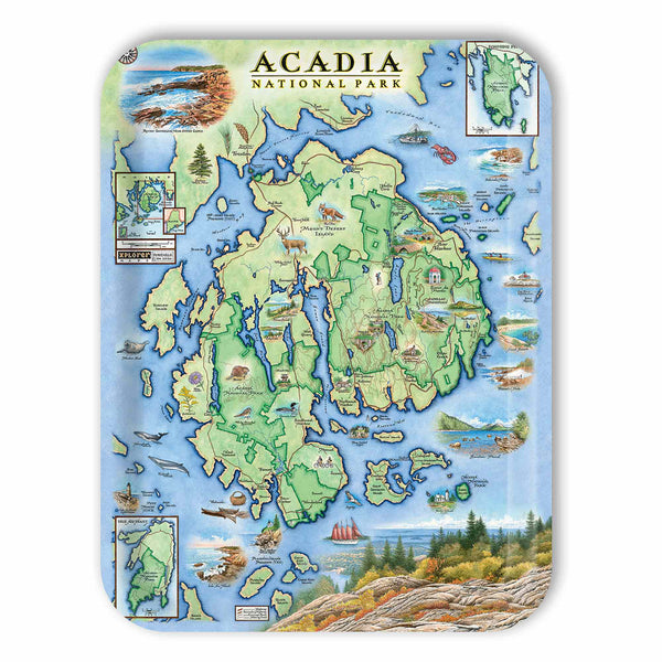 Large Serving Tray Map of Acadia National Park with various features and illustrations on a white background