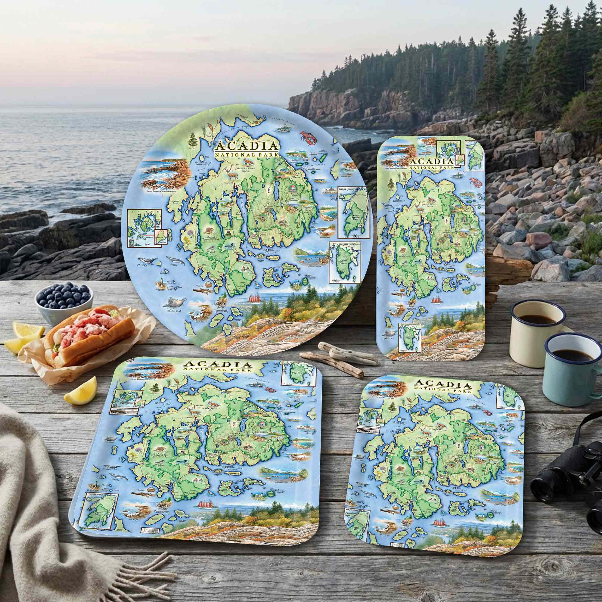 Set of Acadiana National Park-themed serving trays on a wooden table with scenic background.