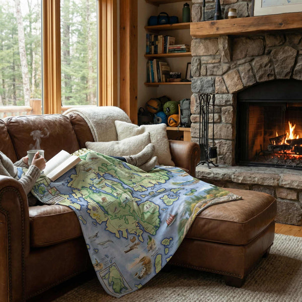 Person reading a book on a couch with a Acadia National Park map blanket in front of a stone fireplace.