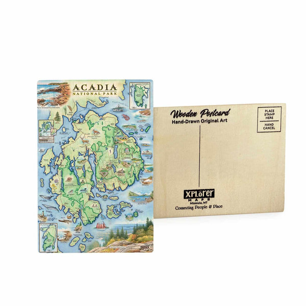 Acadia National Park wooden postcard in earth tone colors featuring hand-drawn illustrations of Cadillac Mountain, Otter Cliffs, lobster, and fishing boats.