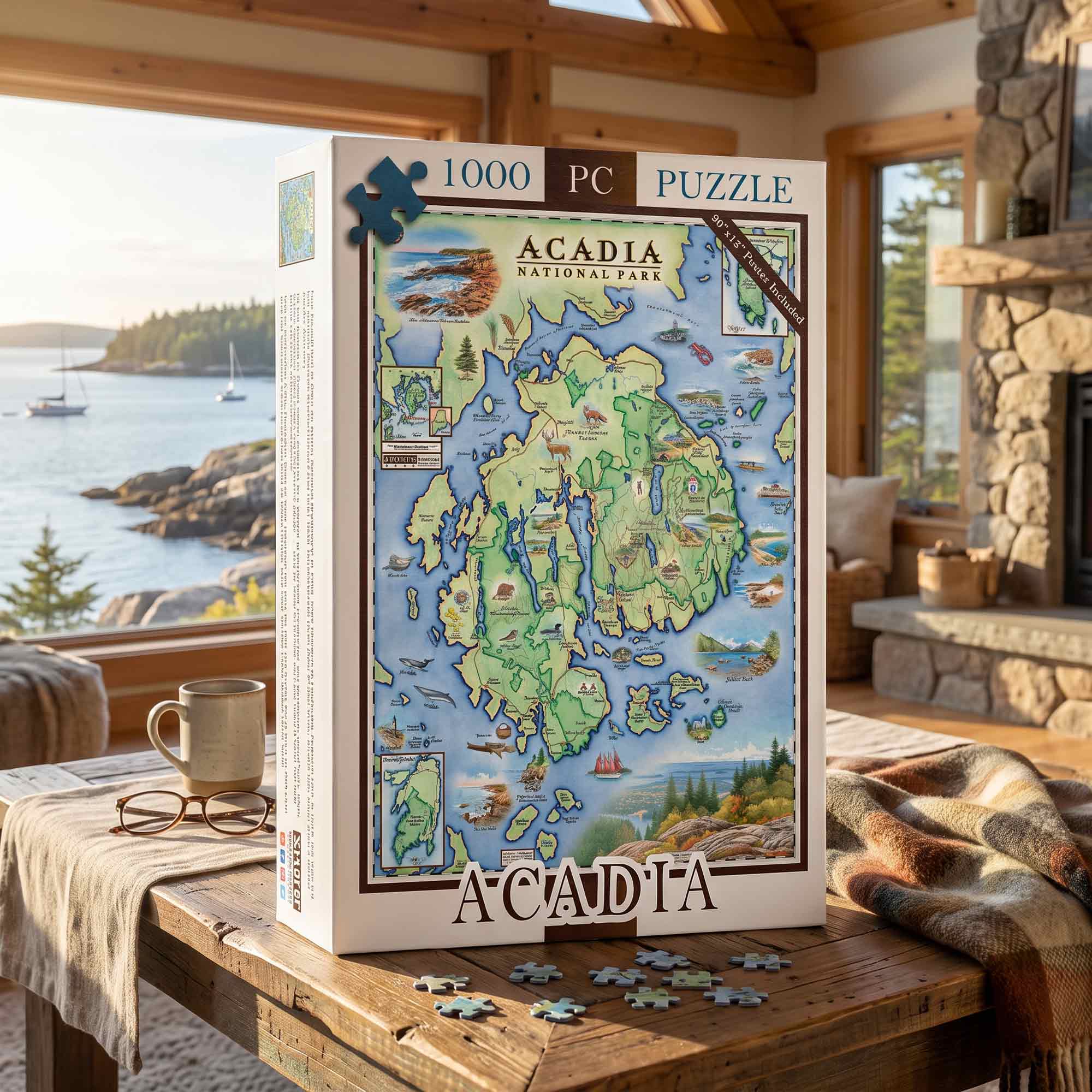 A 1000-piece jigsaw puzzle box labeled 'ACADIA NATIONAL PARK' stands on a wooden table in a cozy living room. The box features a colorful illustrated map of Acadia with boats, ships, and natural scenery.