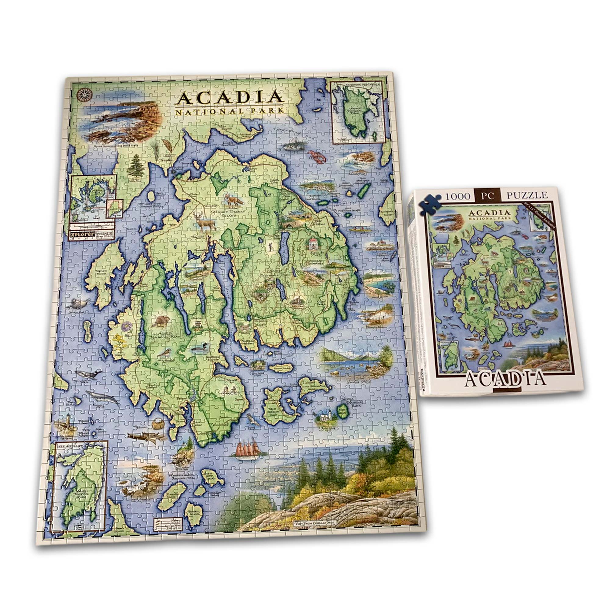 A completed jigsaw puzzle showing a vintage map of Acadia National Park, displayed next to its white box packaging on a clean white background.