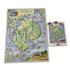 A completed jigsaw puzzle showing a vintage map of Acadia National Park, displayed next to its white box packaging on a clean white background.