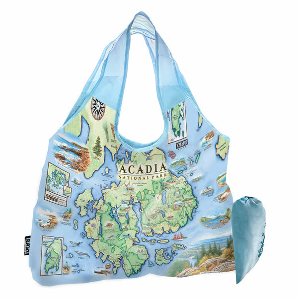 Acadia National Park Map Pouch Tote Bag by Xplorer Maps. Map features areas such as Bar Harbor, Waterfall Bridge, and Sieur de Monts Spring. Flora and fauna such as fox, lobster, and beaver.