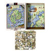 A 1000-piece jigsaw puzzle set shown with its box, an open view of the illustrated puzzle box, and a pile of cut puzzle pieces on a white background. The puzzle depicts a map labeled 'ACADIA' and 'ACA NATION'.