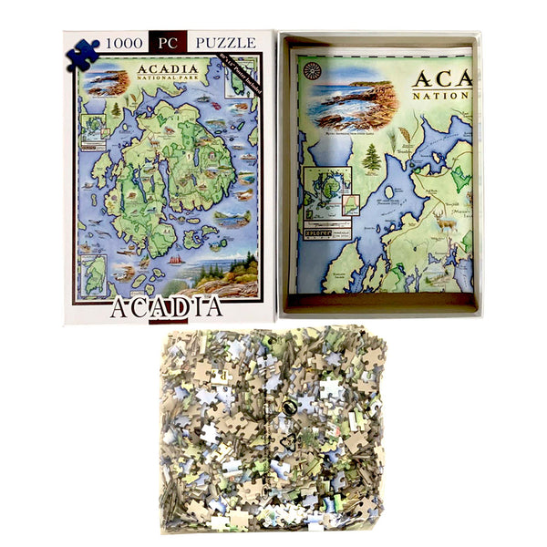 A 1000-piece jigsaw puzzle set shown with its box, an open view of the illustrated puzzle box, and a pile of cut puzzle pieces on a white background. The puzzle depicts a map labeled 'ACADIA' and 'ACA NATION'.