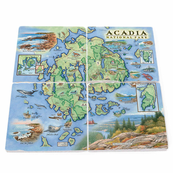 Natural stone coasters crafted from Boccini Marble imported directly from Turkey, featuring the Acadia National Park map with detailed representations of the park's landscapes, landmarks, and wildlife.