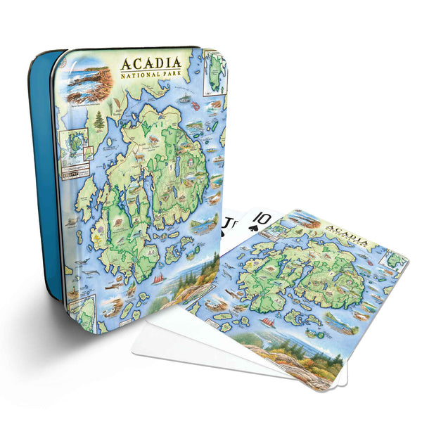 Acadia National Park Map Playing cards ythat features iconic attractions, flora and fauna of that area - Blue Metal Tin.