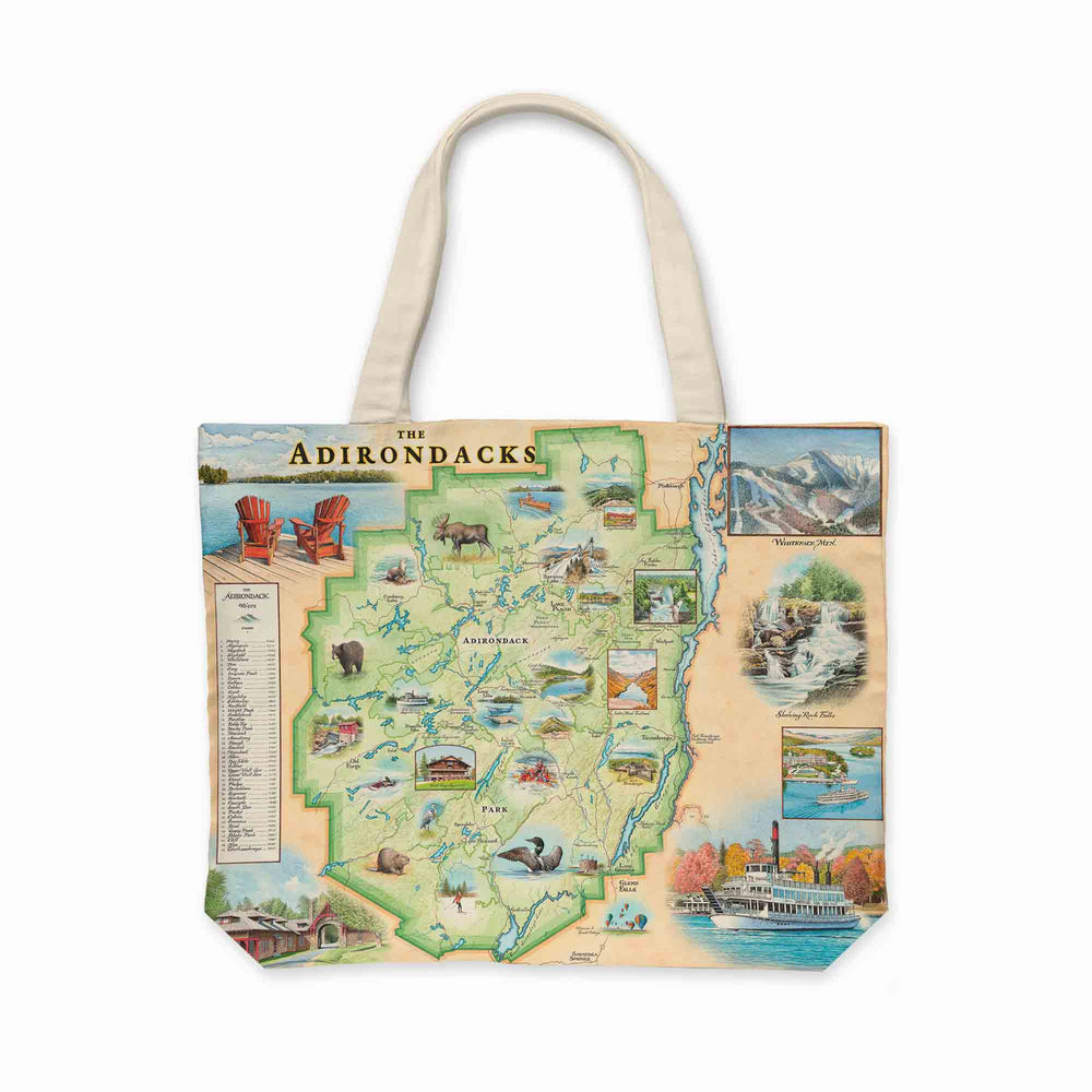 Adirondacks Map Canvas Tote Bag showcasing detailed hand-drawn map artwork, made from durable cotton canvas.