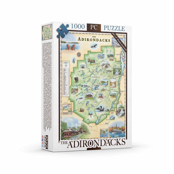 Completed Adirondacks Map Jigsaw Puzzle – 1000 pieces showcasing the hand-drawn map of the Adirondack Mountains.