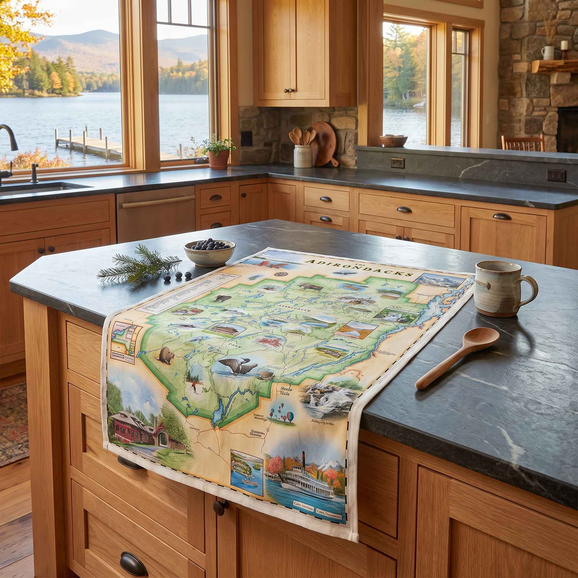 A detailed vintage-style map print of Michigan titled 'MICHIGAN' draped over a dark stone kitchen island, surrounded by wooden cabinets, a mug, a wooden spoon, and a small bowl of blueberries.