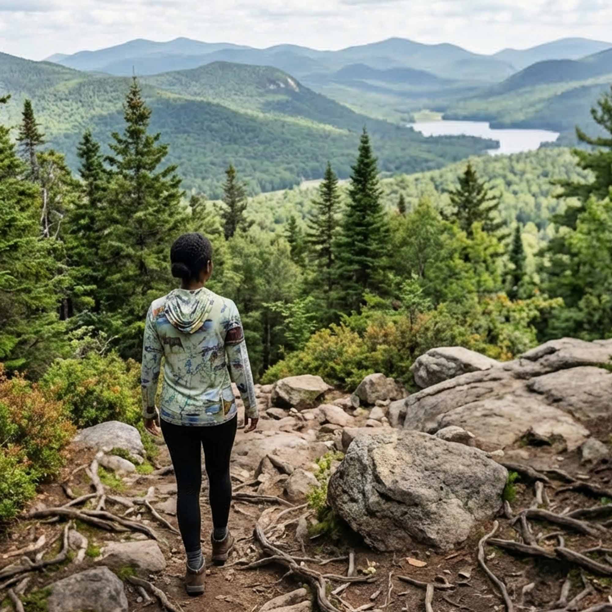 Person standing on a rocky trail wearing Adirondack sun shirt overlooking a scenic landscape with mountains and a lake.
