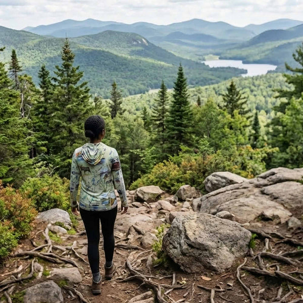 Person standing on a rocky trail wearing Adirondack sun shirt overlooking a scenic landscape with mountains and a lake.