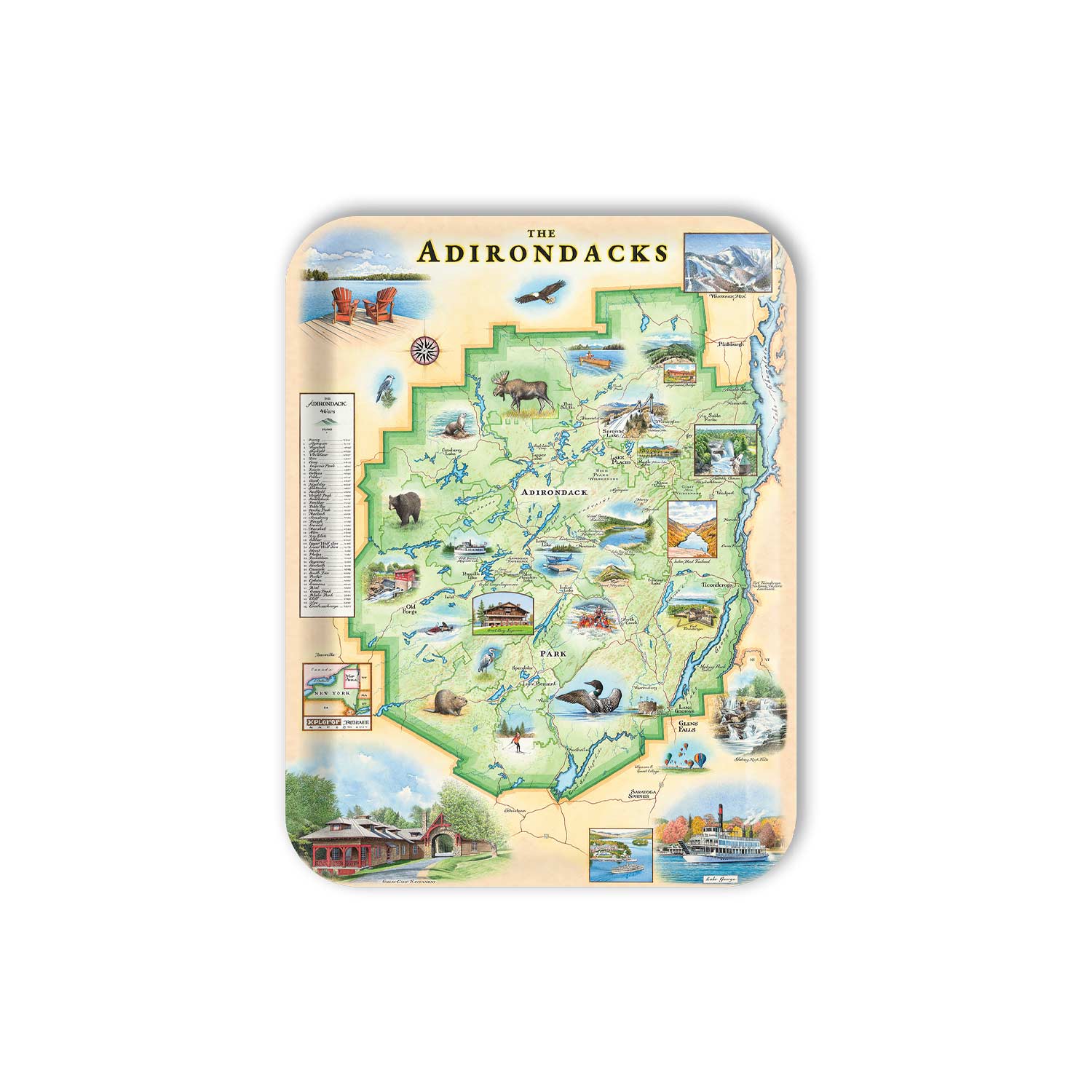 Medium Rectangle Serving Tray  Map of The Adirondacks with various icons and illustrations on a white background