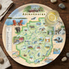Serving Tray Map of the Adirondacks with scenic illustrations on a wooden surface.