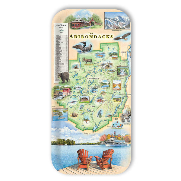 Small Rectangle Serving Tray Map of the Adirondacks with scenic illustrations on a white background