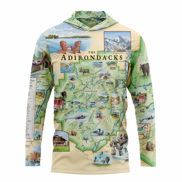 Front Sun Shirt Hoodie with Adirondacks map design on a white background