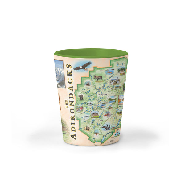 Adirondacks Map Ceramic Shot Glass featuring original hand-drawn map artwork by Xplorer Maps artist Chris Robitaille.