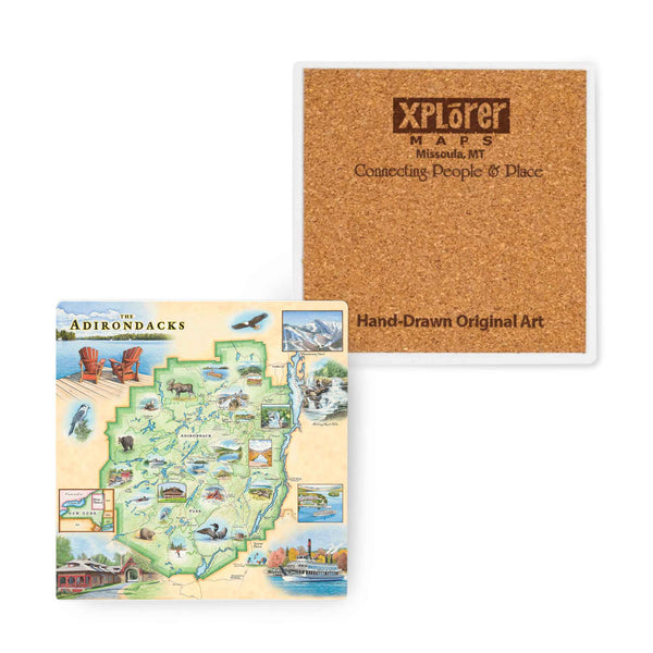 Adirondacks Map Ceramic Coaster featuring hand-drawn map artwork with a cork backing for surface protection.