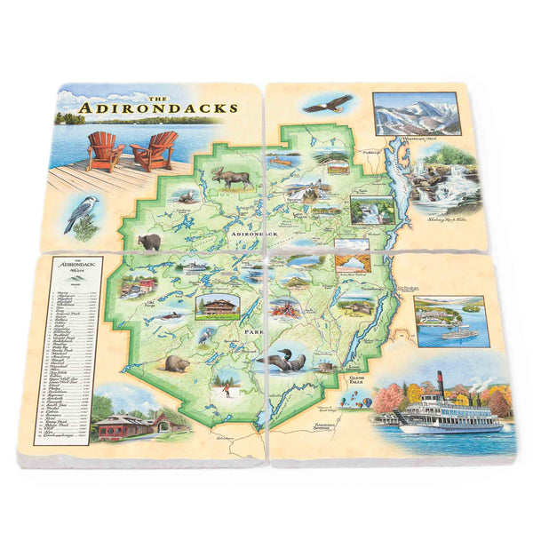 Set of 4 natural stone coasters featuring a hand-drawn Adirondacks map