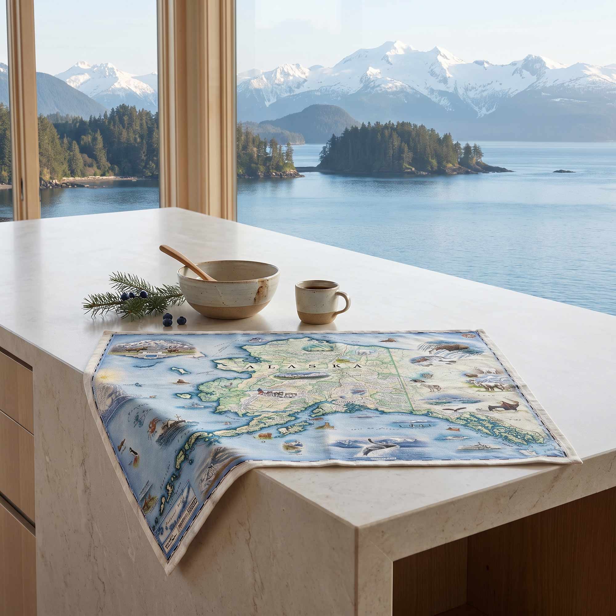 A rectangular printed placemat featuring a vintage-style illustrated map of Alaska, styled on a light stone kitchen island with a ceramic bowl, mug, and evergreen sprig, set against a large window view of snowy mountains and water.