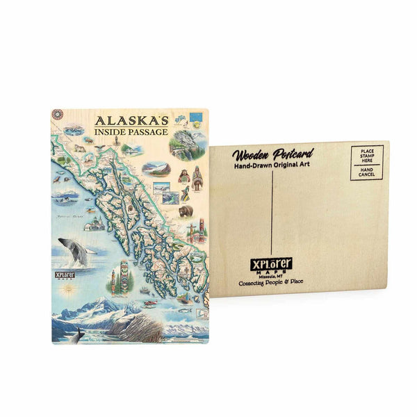 Alaska Inside Passage wooden postcard in earth tone blues and greens featuring hand-drawn illustrations of Southeast Alaska landmarks, wildlife, glaciers, and cultural icons.