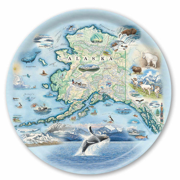 Large Serving Tray Map of Alaska with illustrations on a circular plate