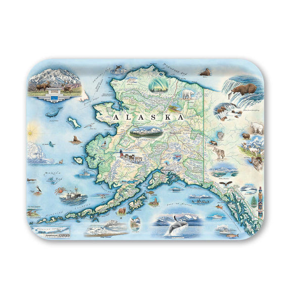 Medium Serving Tray Map of Alaska with various icons and illustrations on a blue background